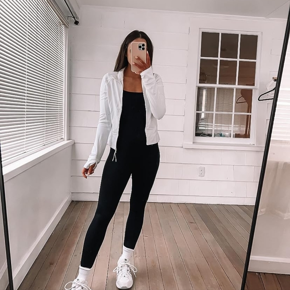 Jumpsuit black ribbed long sleeve scoop neck tik tok yoga womens viral snatching